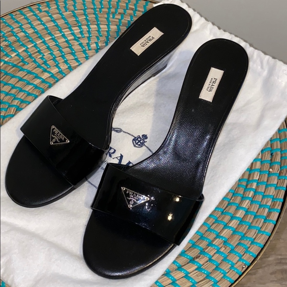 Prada Logo Wedge Sandal Size 8.5
